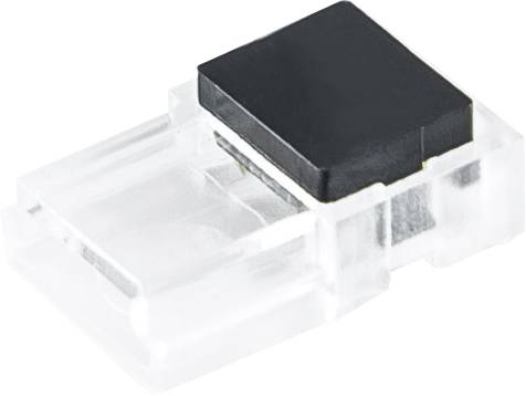 Majhen prozoren plastični elektronski priključek s črnim zgornjim pokrovčkom, prikazan na belem ozadju.