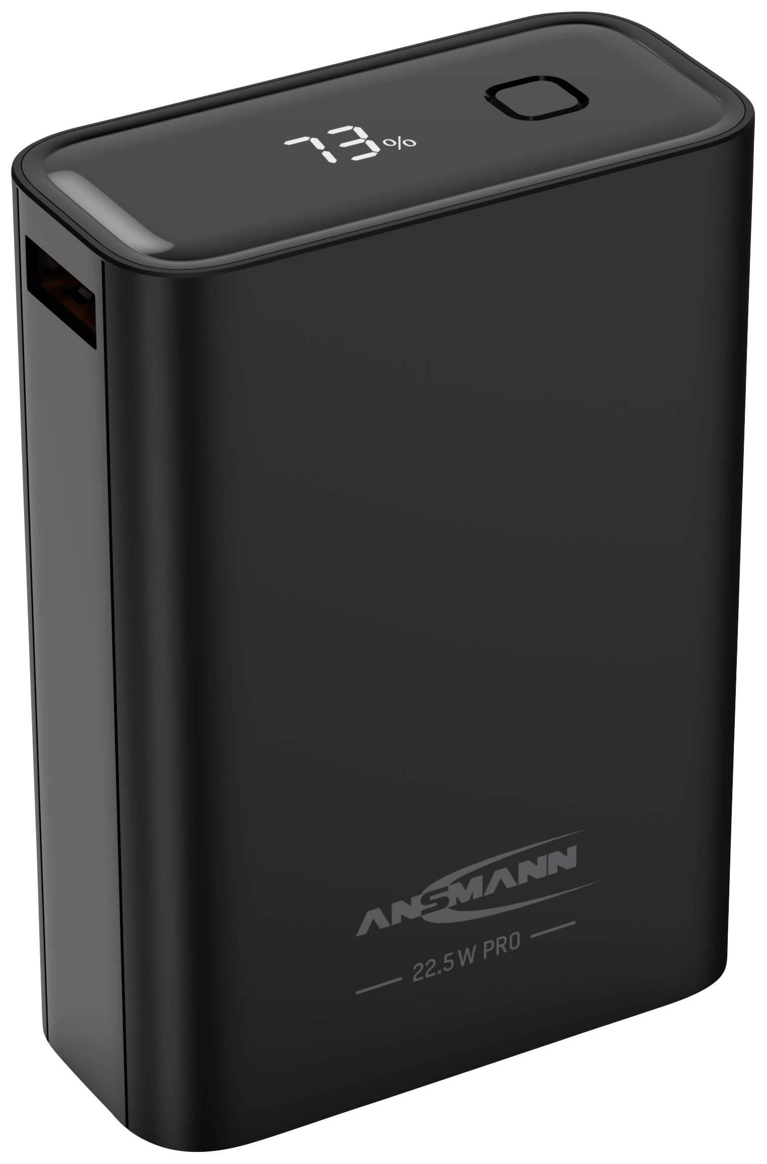 Črna zunanja baterija z digitalnim zaslonom, ki prikazuje '73%'. Na napravi sta natisnjena blagovna znamka 'ANSMANN' in model '22.5 W PRO'.