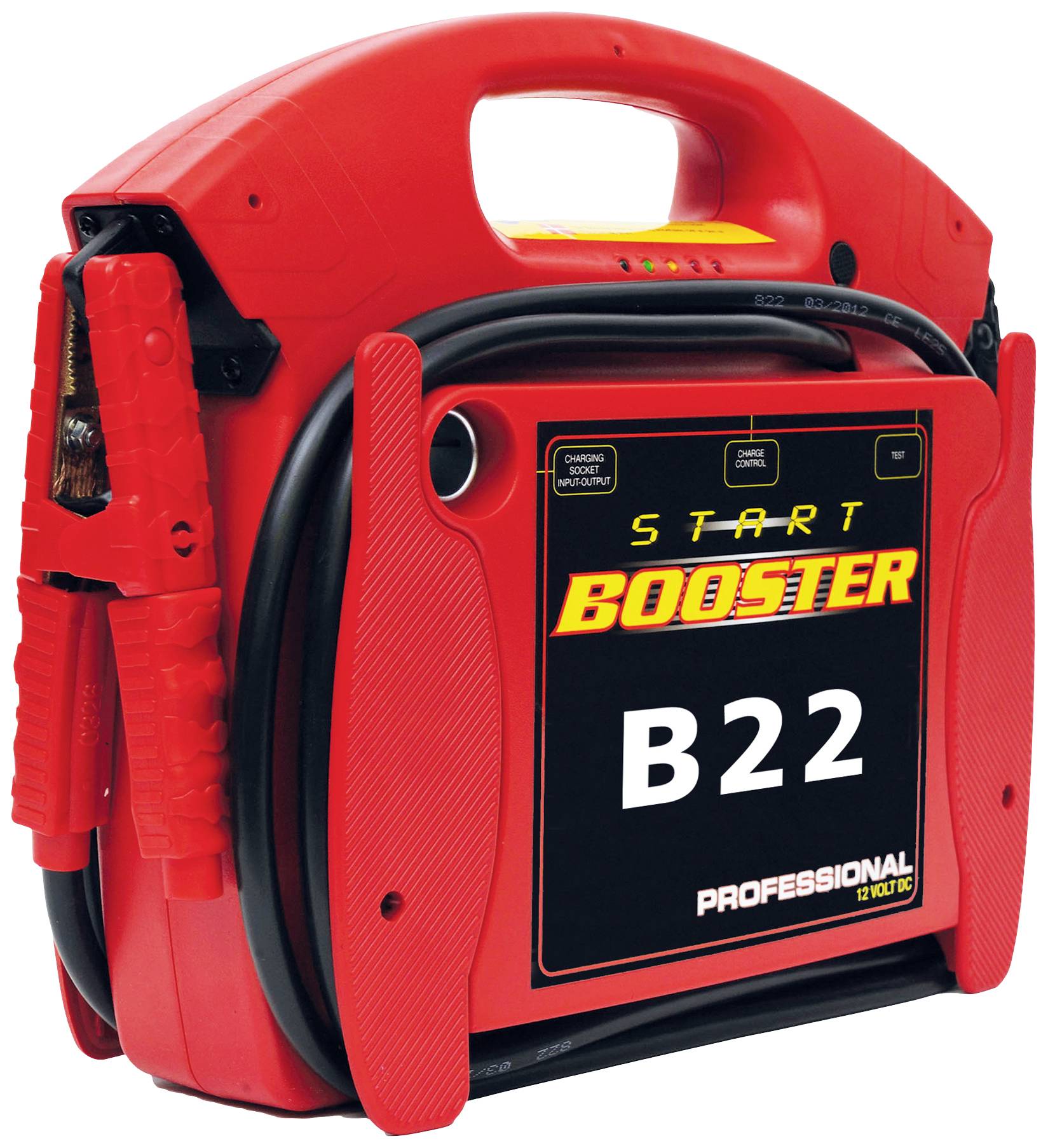 Rdeča naprava za pomoč pri zagonu z ročajem in kabli. Napis: 'Start Booster B22 Professional 12V'. Uporablja se za podporo avtomobilski bateriji.