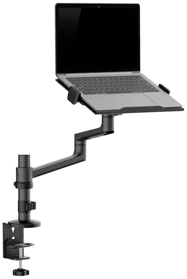 Nosilec za prenosnik s sponko za mizo, črn kovinski, nastavljiv za različne velikosti prenosnikov. Dviguje prenosnike za ergonomsko delo.