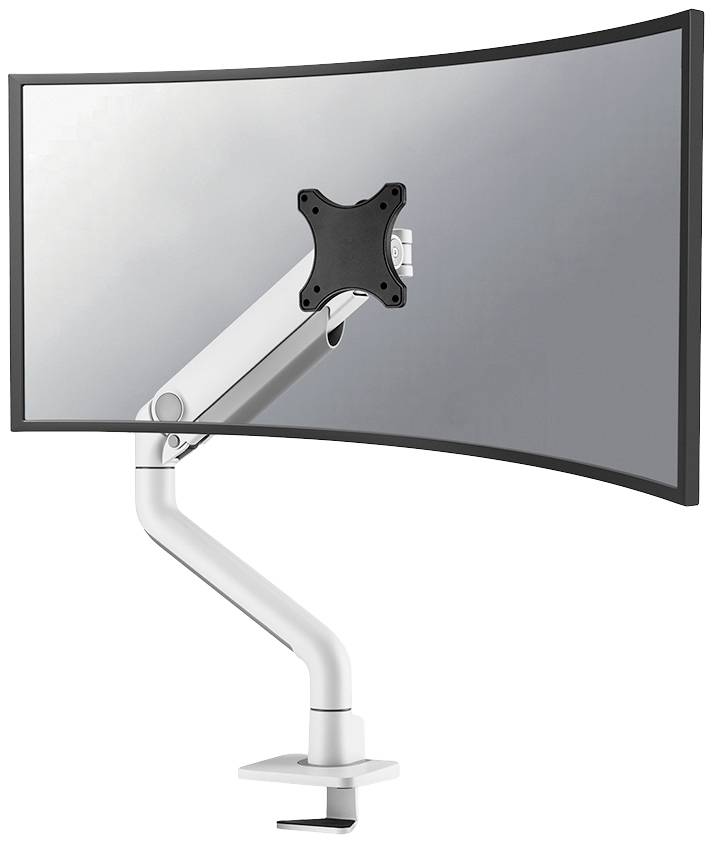 Ukrivljen računalniški monitor na nastavljivi pritrditvi. Monitor je pritrjen na belo roko, ki je nameščena na pisalni mizi.