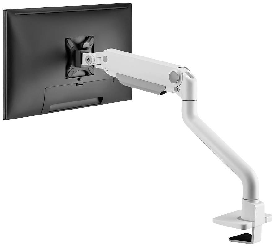 Črn monitor je pritrjen na bel, nastavljiv nosilec monitorja, ki je nameščen na mizi.