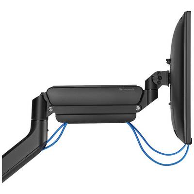 Črn monitor arm, prikazan s strani, drži zaslon. Modri kabli so urejeno speljani vzporedno z ramenom.