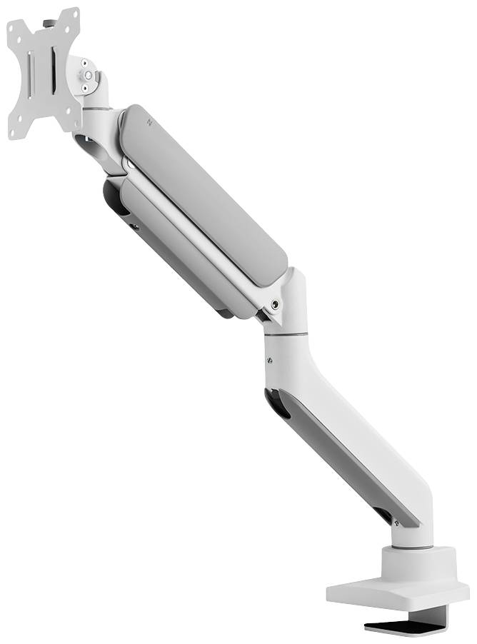 Bel, nastavljiv nosilec za monitor z večimi sklepi in pritrditvijo za mizo, idealen za ergonomsko uporabo.