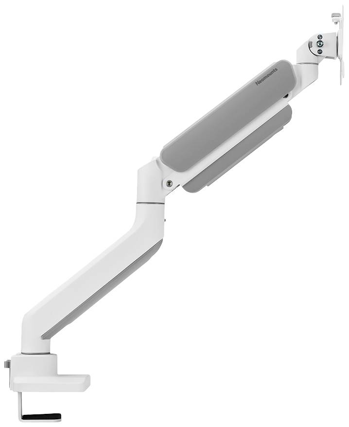 Bel in siv monitor arm z zatično pritrditvijo na mizo, primeren za fleksibilno namestitev zaslona na pisalni mizi.