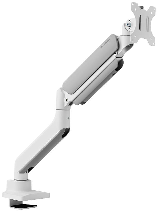 Ergonomski nosilec za monitor z gibljivo strukturo sklepov in srebrno-belo površino, primeren za pritrditev na pisalne mize.