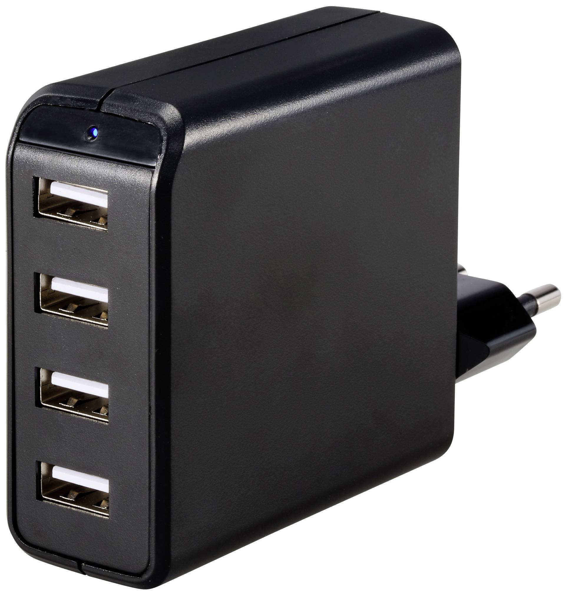 Črni USB polnilnik s štirimi USB priključki in vtičem za električno vtičnico, primeren za sočasno polnjenje več naprav.