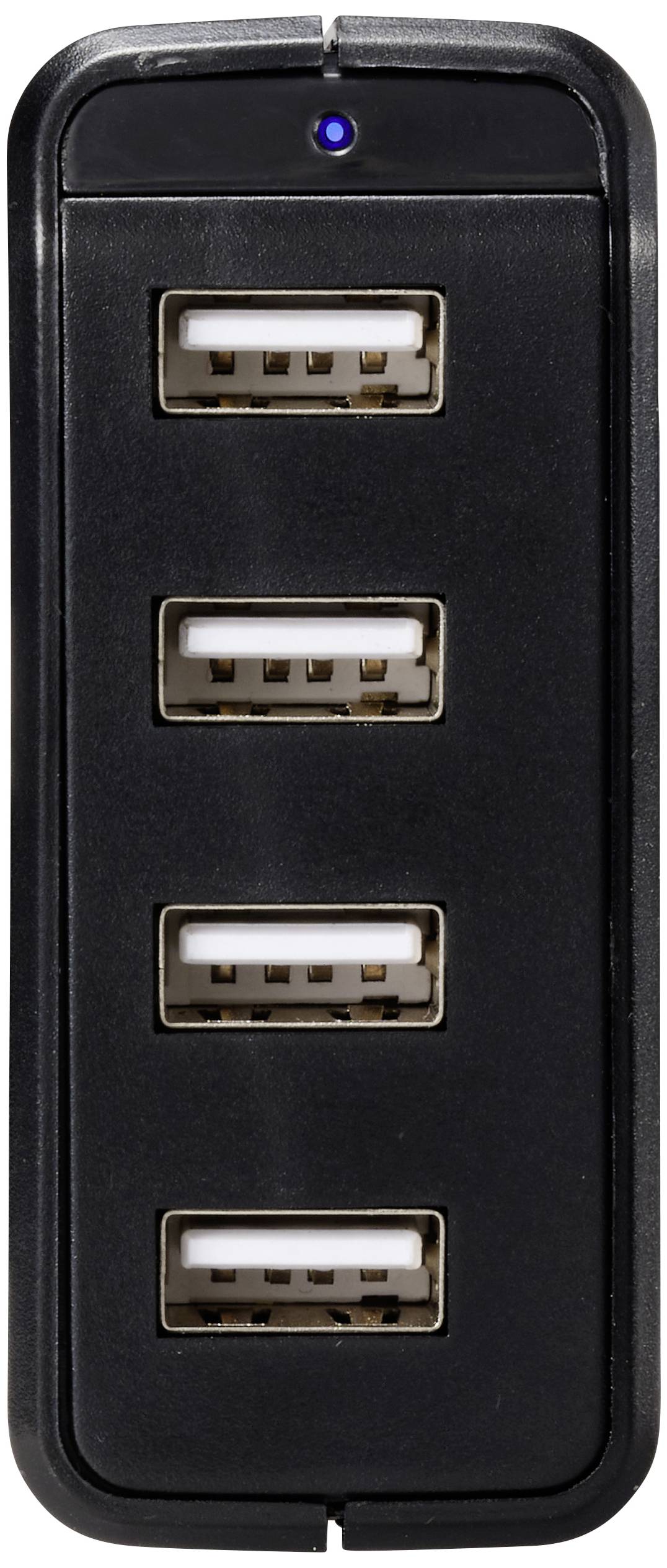 Zunanji USB-hub s štirimi USB-priključki in modro LED-lučko zgoraj, črne barve.