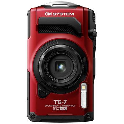 Rdeča zunanja kamera, robustna in vodoodporna, model 'TG-7' podjetja OM System, zaslonka f2.0, snemanje 4K videa.