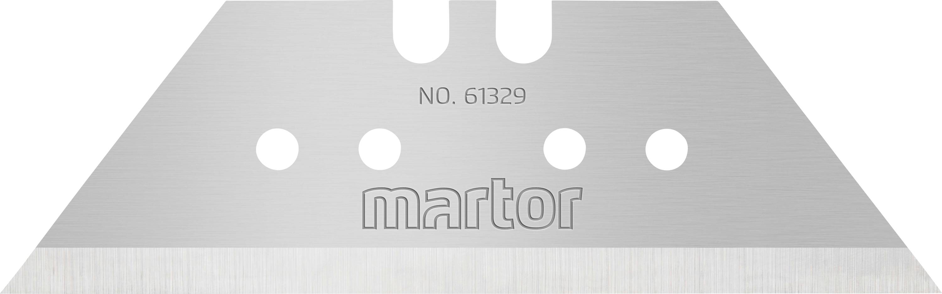 Kovinska trapezasta rezilo z napisom 'martor NO. 61329', tri okrogle luknje in ostri rezalni robovi.