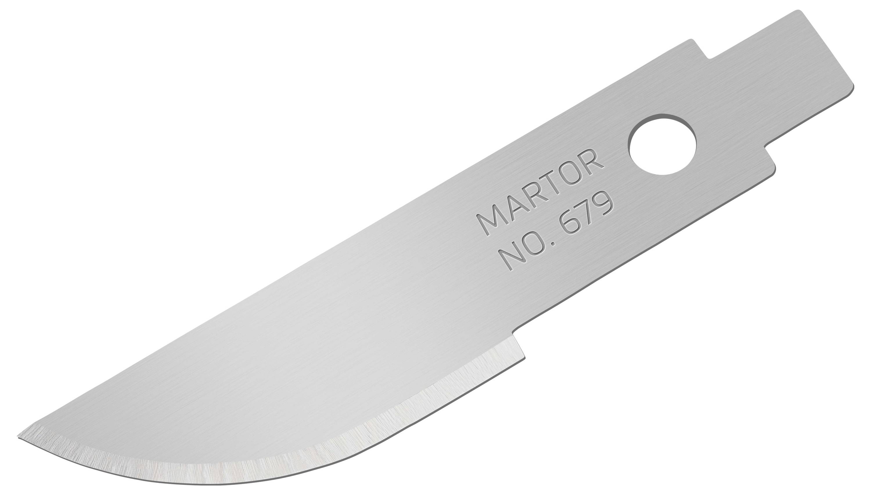 Srebrn, ploščat nož za nadomestne rezila z luknjo in napisom 'MARTOR NO. 679'.