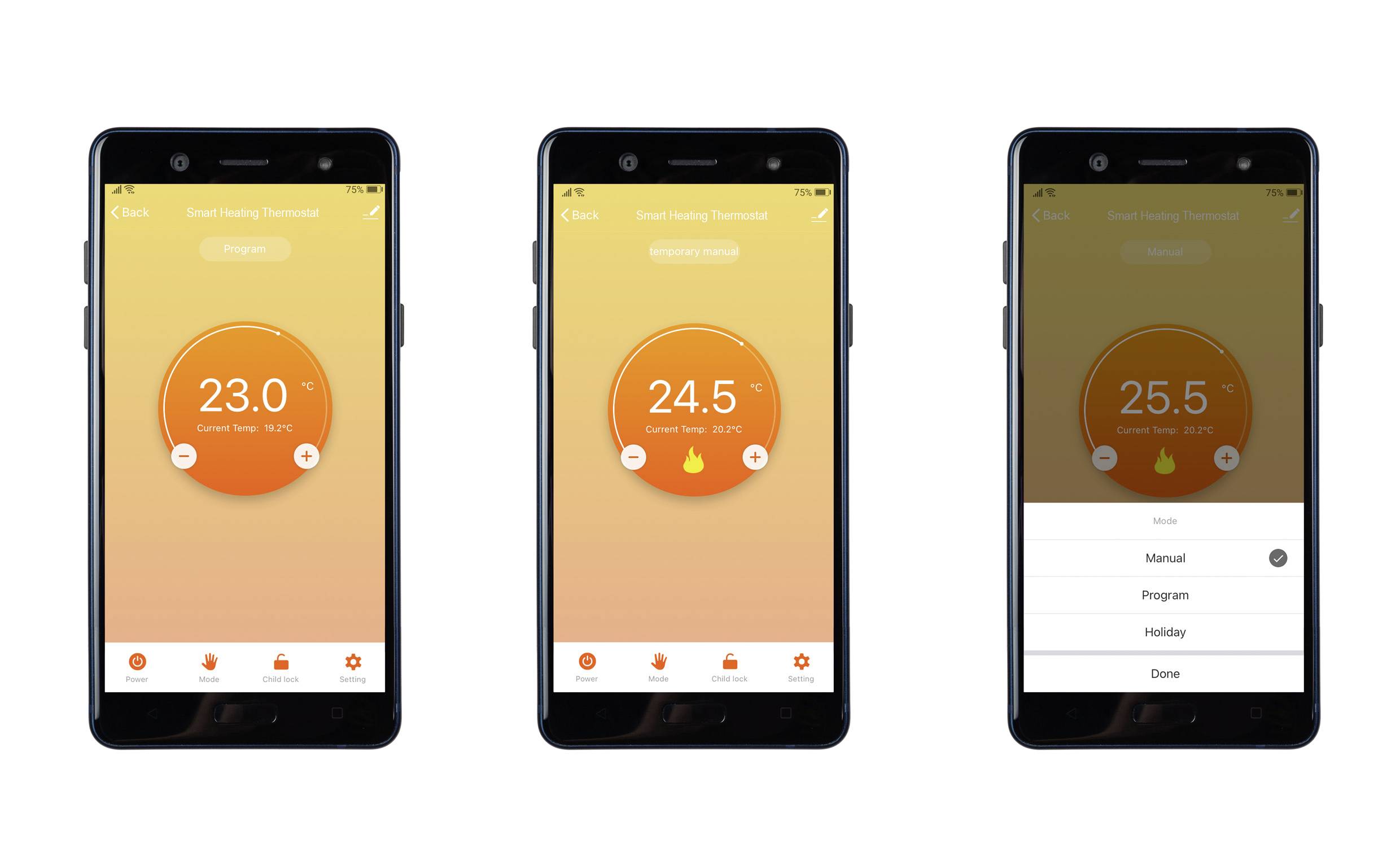 Trije zasloni pametnega telefona aplikacije za ogrevanje. Levo kaže 23,0°C, na sredini 24,5°C, desno 25,5°C z odprtim menijem za načine ogrevanja.