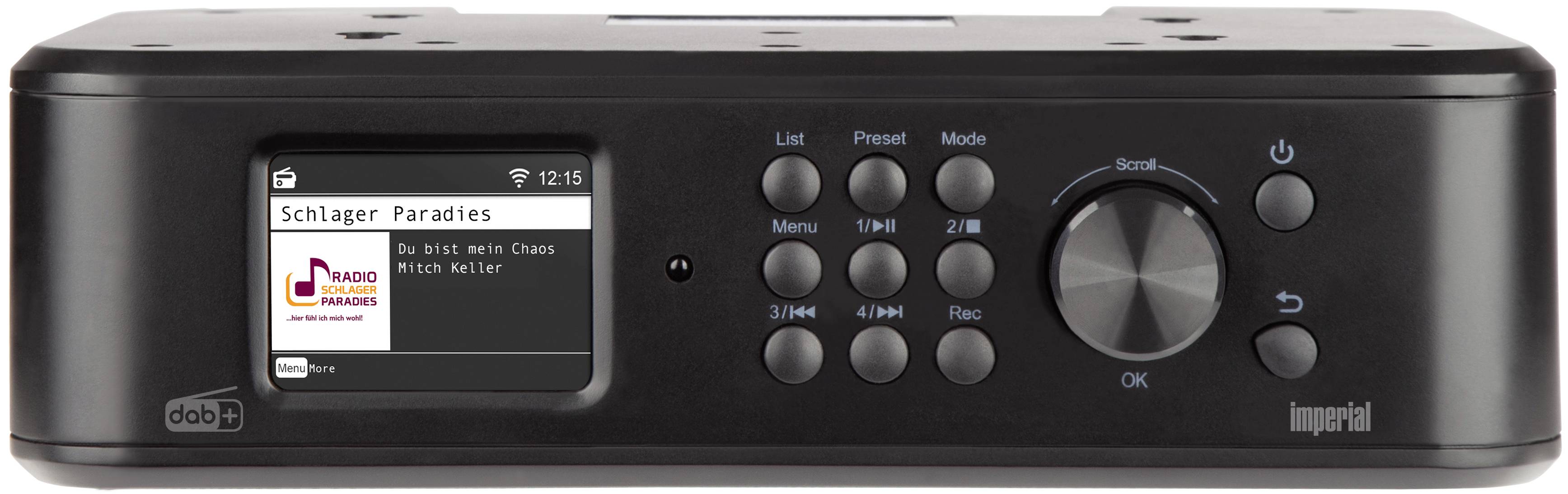 Črn DAB+ radio z zaslonom. Na zaslonu se prikazuje 'Schlager Raj' in naslov 'Ti si moj kaos' od 'Ulli Bastian'.