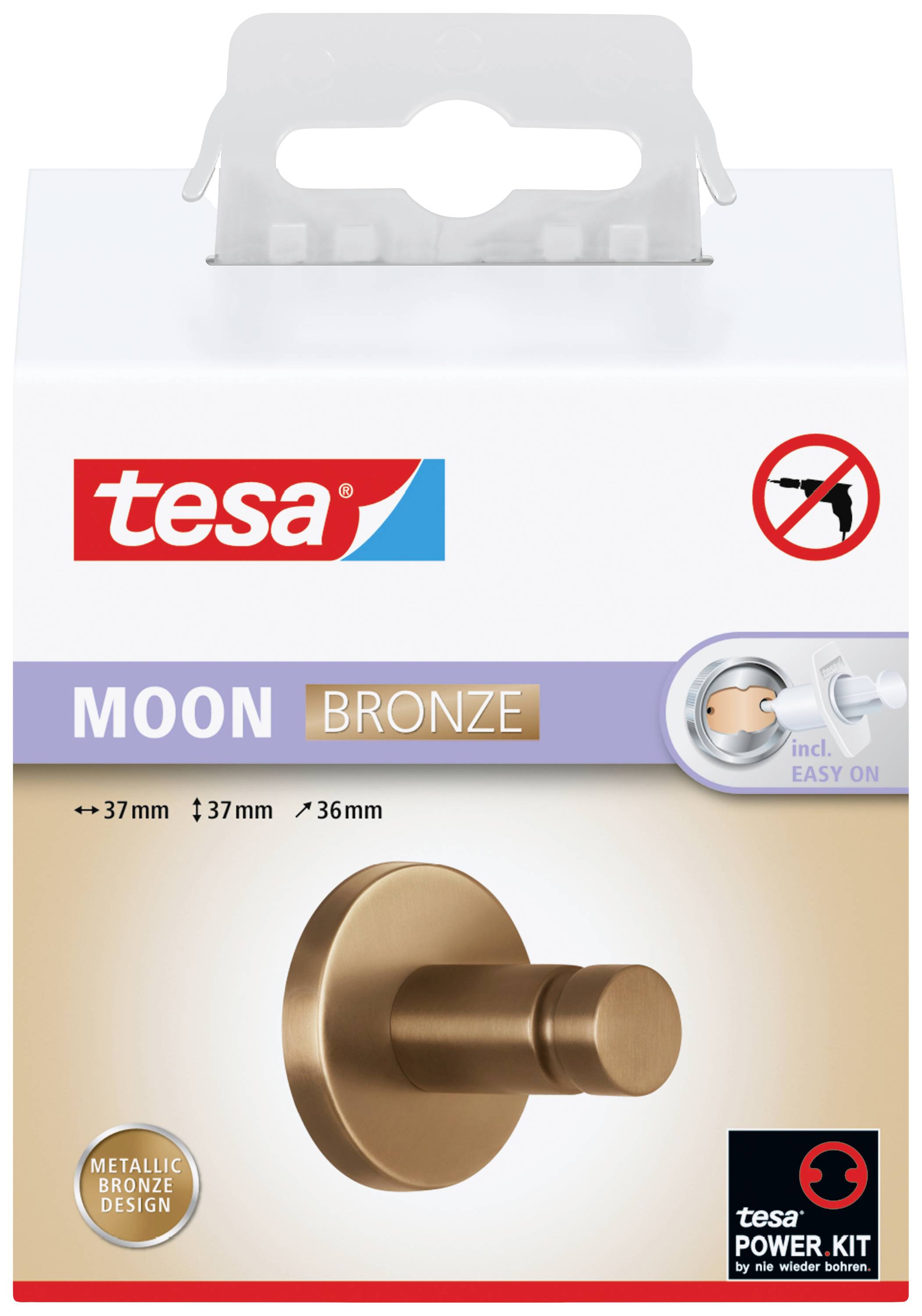 Embalaža tesa MOON bronastega držala za brisače s sistemom pritrditve brez vrtanja. Vsebuje montažni pribor in prikazuje sliko bronastega dizajna.
