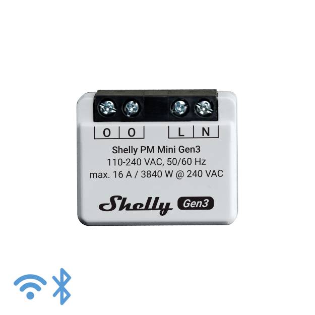 Bela električna enota z vtičnicami z napisom 'Shelly PM Mini Gen3', ki podpira WLAN in Bluetooth.