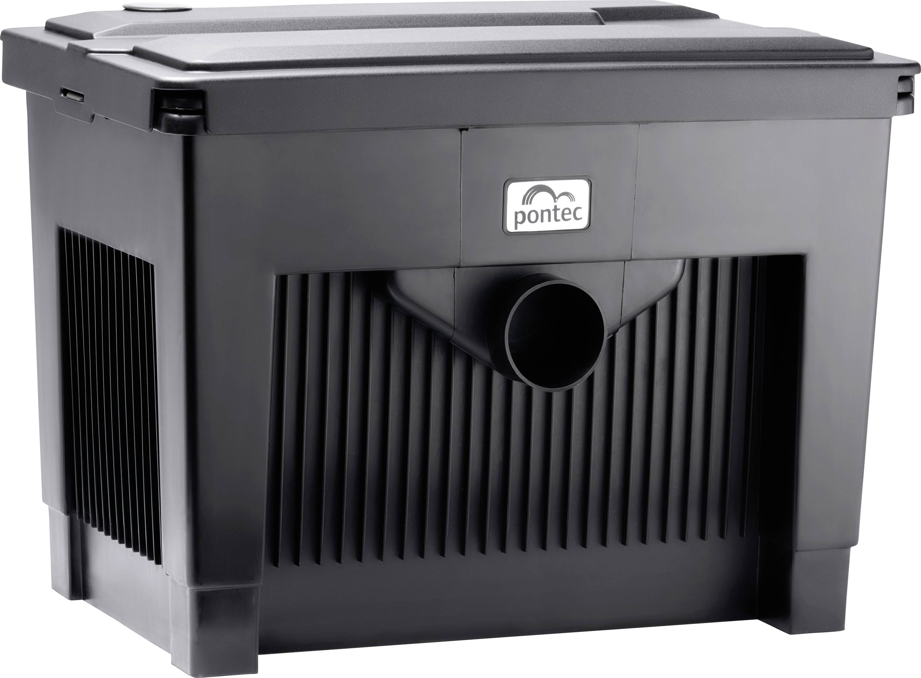 Črn Pontec ribasti filter za ribnik s centralnim iztokom, na katerem je spredaj logotip Pontec.