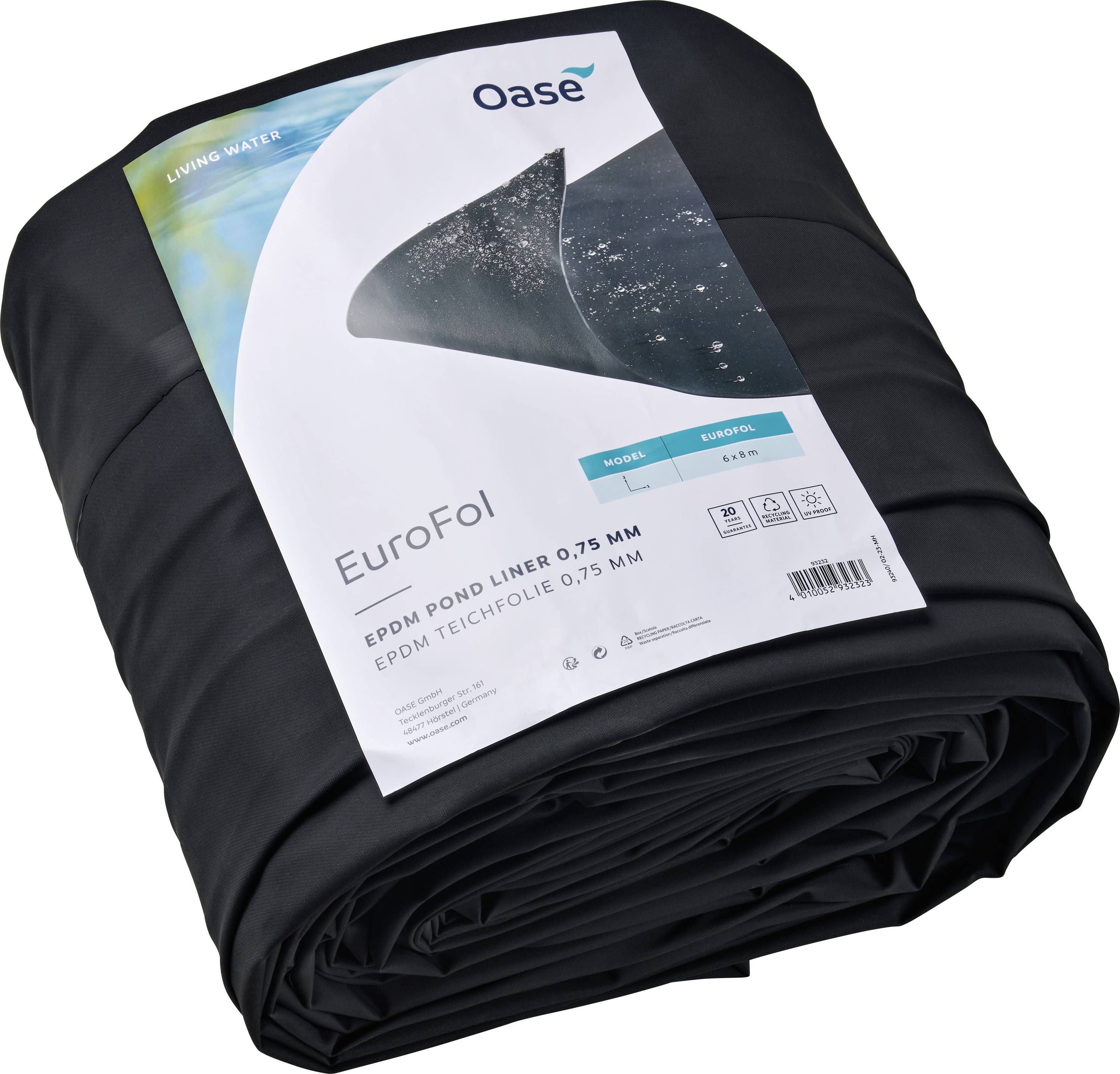 Zvit črn EPDM ribnik podloga z nalepko, ki prikazuje 'Oase EuroFol', 'EPDM Ribnik Podloga 0.75 MM', ter sliko podloge med uporabo.
