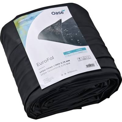 Zvit črn EPDM ribnik podloga z nalepko, ki prikazuje 'Oase EuroFol', 'EPDM Ribnik Podloga 0.75 MM', ter sliko podloge med uporabo.