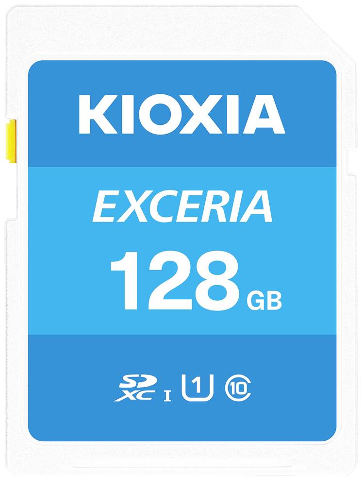 SD-kartica z napisom 'KIOXIA EXCERIA 128 GB'. Primerna za naprave, združljive z UHS-I. Kapaciteta: 128 gigabajtov.
