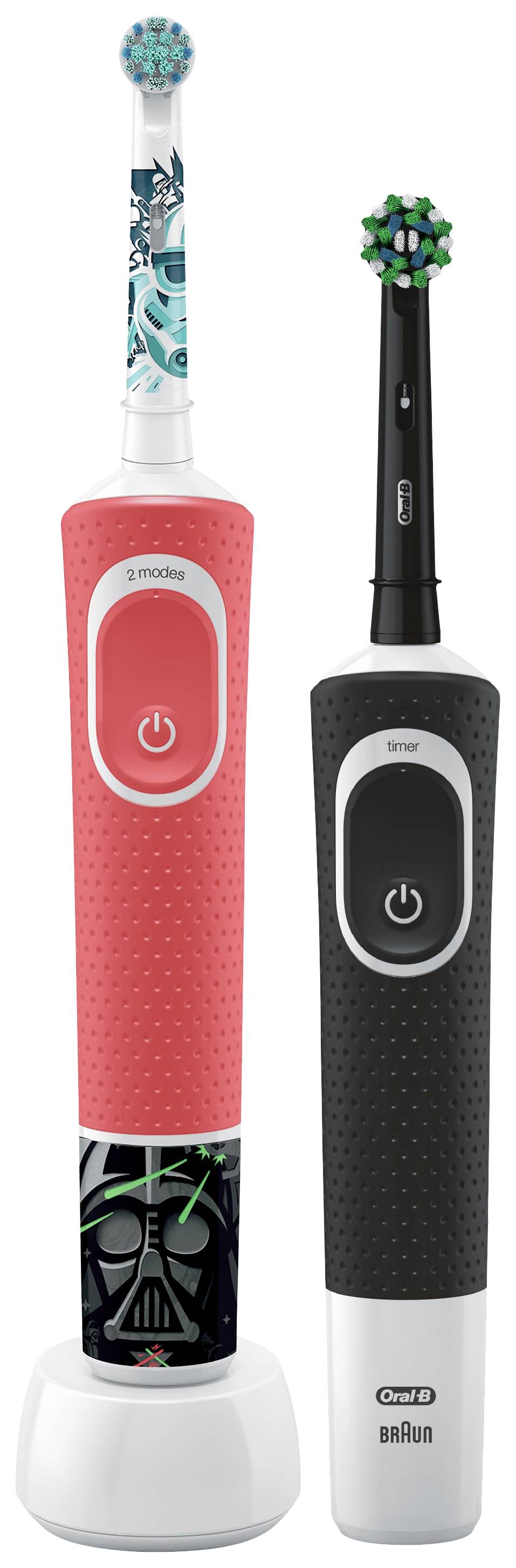 Dve električni zobni ščetki: levo rdeča z motivom Dartha Vaderja, desno črna. Obe imata zamenljive nastavke za ščetkanje.