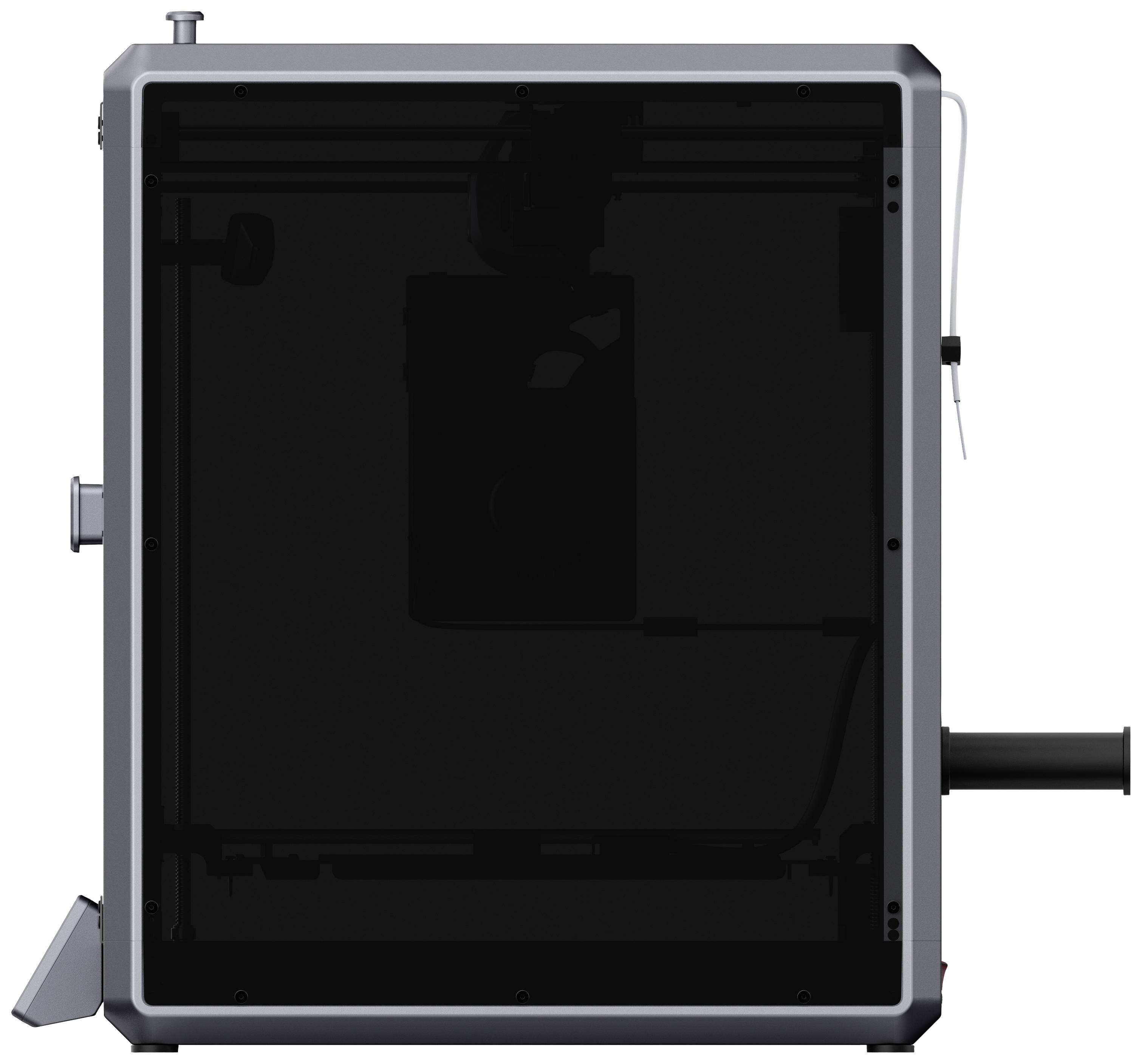 Črn 3D-tiskalnik s strani, prikazuje vstop filamenta in prosojno pokrov, skozi katerega je vidna notranja mehanika.