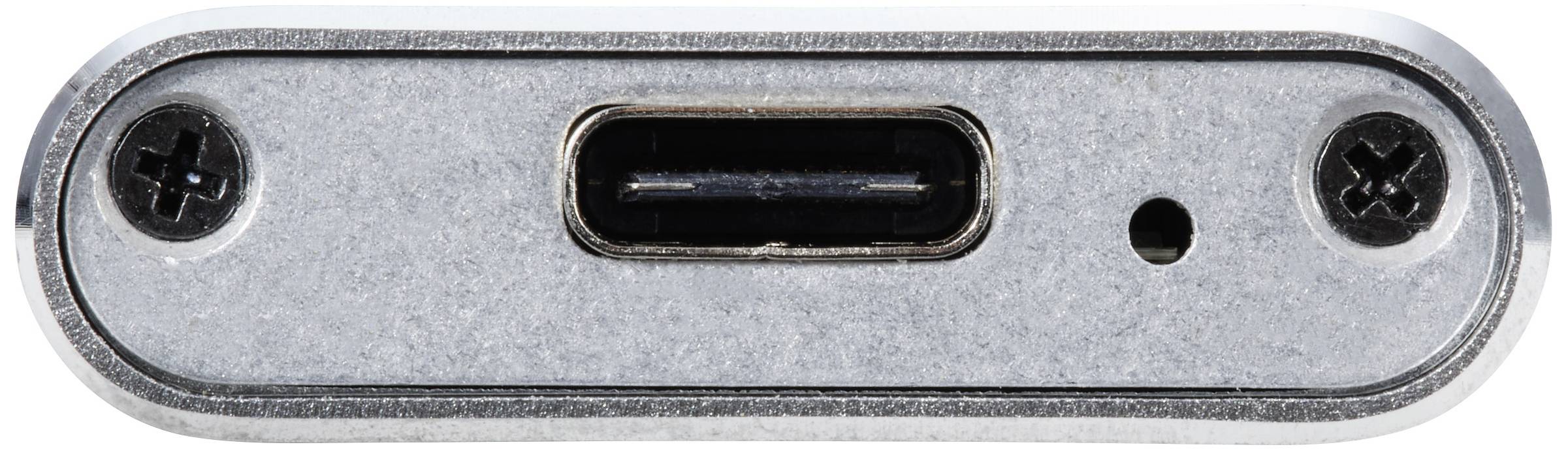 Bližnji posnetek priključka USB-C na srebrni napravi z dvema vijako in majhno luknjo poleg priključka.