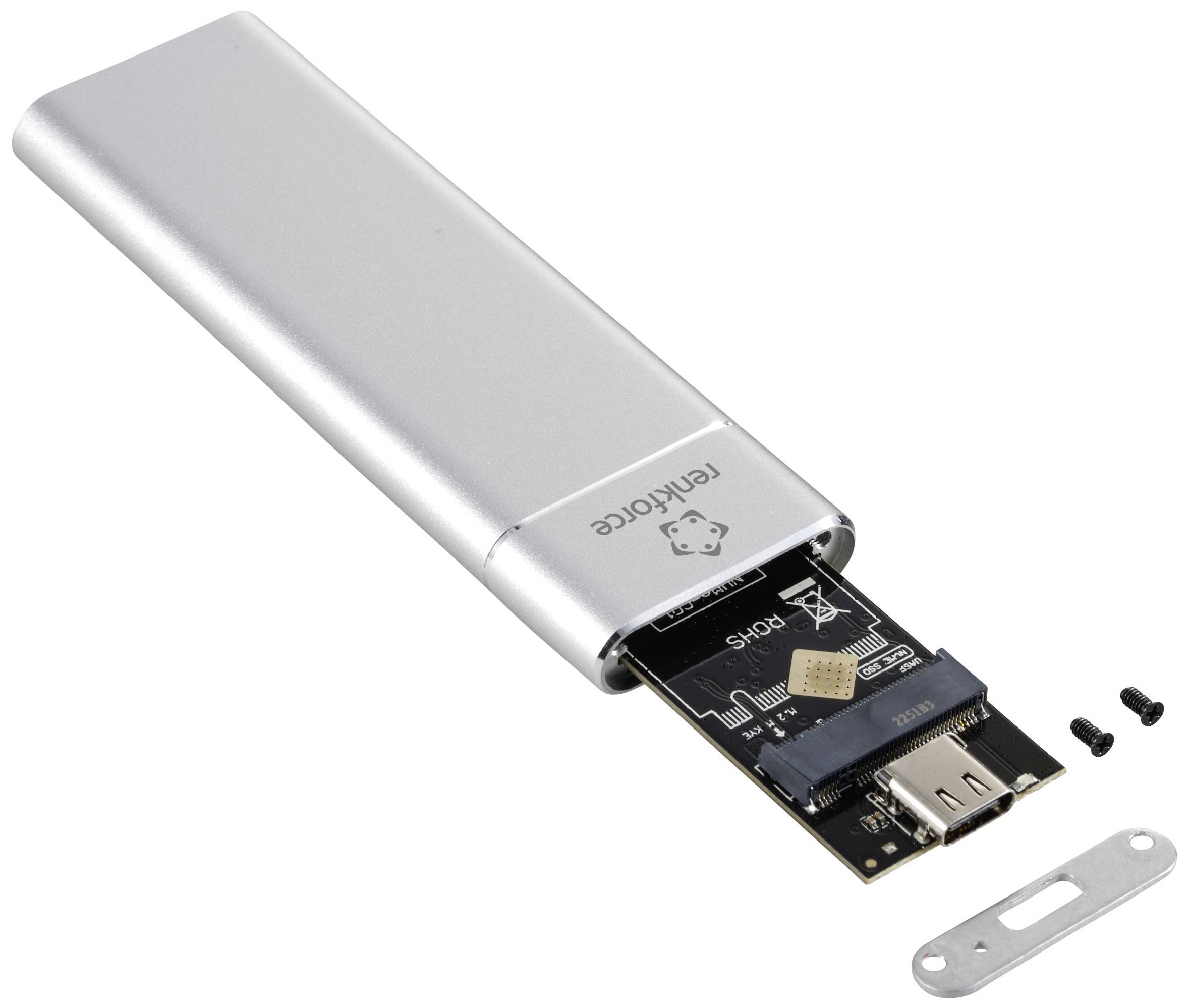 Aluminijasto ohišje z odprto SSD-diskom in vijaki. Prikazuje notranjo tehnologijo pomnilniške naprave.