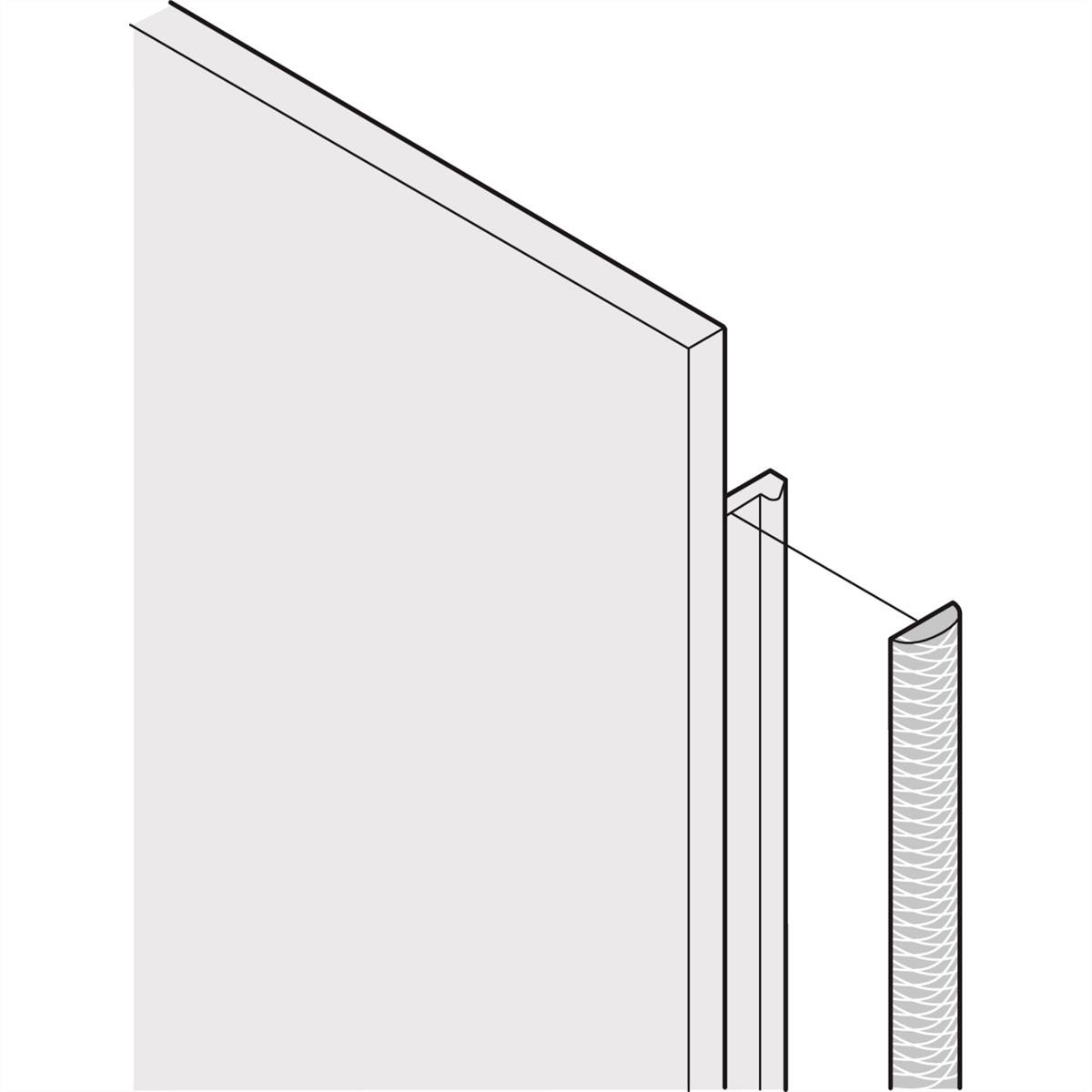 Diagram pravokotne plošče s tesnilnim trakom, pritrjenim ob strani. Prikazuje metodo pritrjevanja na robu plošče.