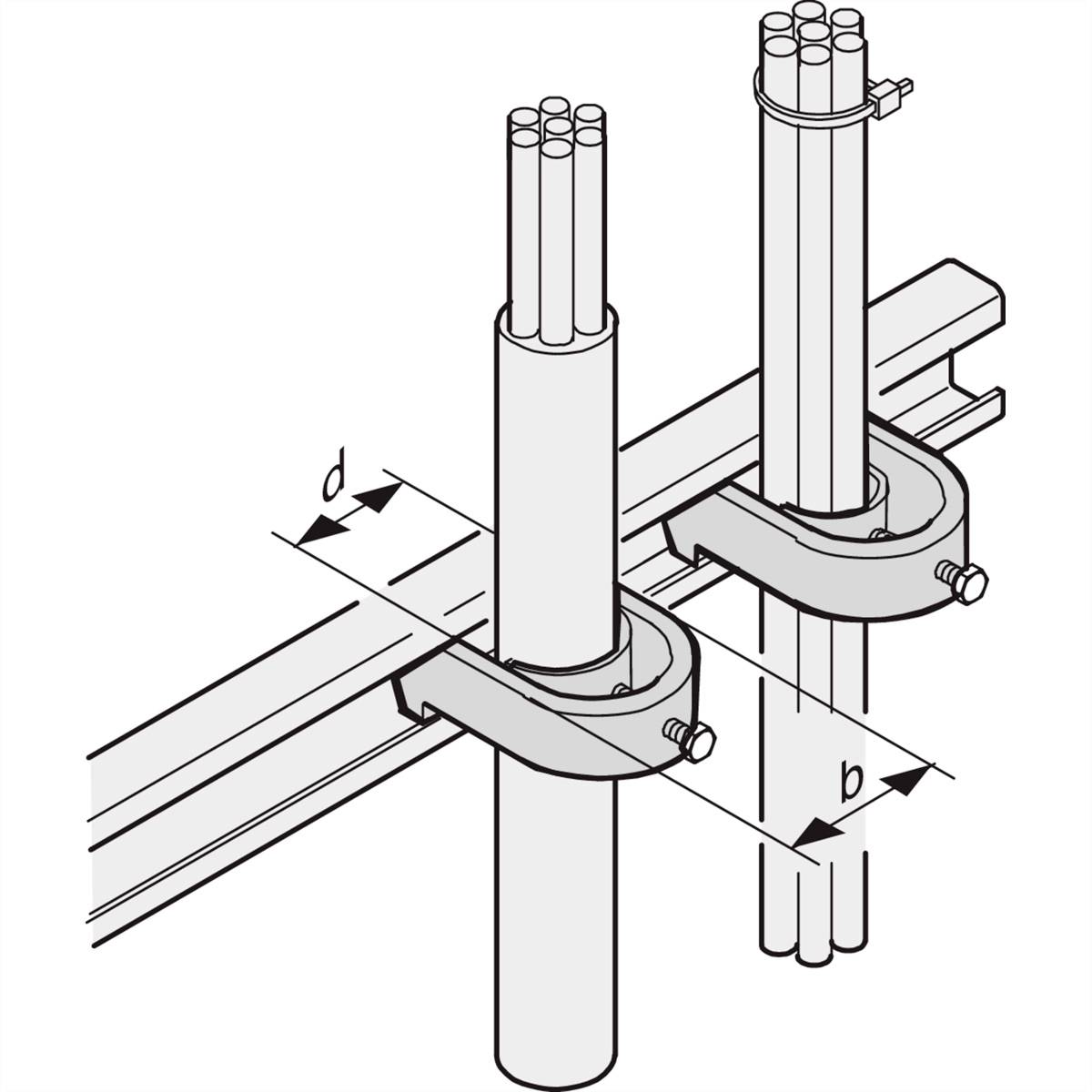 Diagram cevnega nosilca, ki pritrjuje dve vertikalni cevi na horizontalni nosilec. d in b označujeta mere.