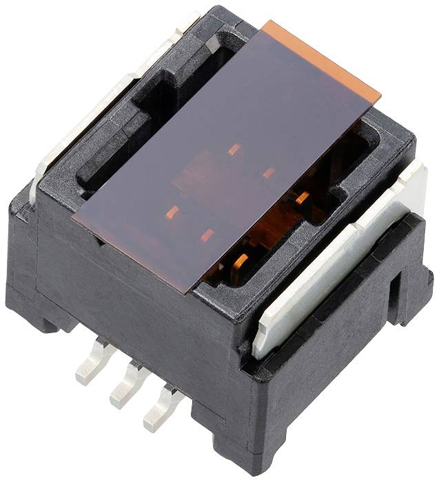 Črn elektronski stikalni element z dvema srebrno obarvanima stranskima sponkama in štirimi kovinskimi stebrički na spodnji strani, prikazan od blizu.