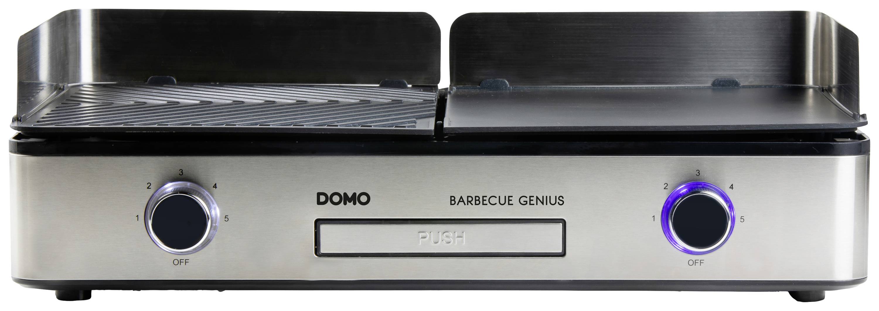 Domedomen 'Barbecue Genius' namizni žar z dvema črnima vrtljivima gumboma, srebrne barve, idealen za pečenje v zaprtih prostorih.