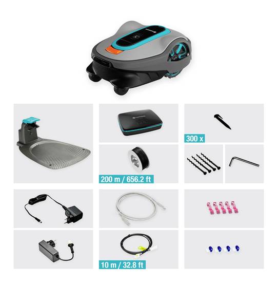 Slika robotske kosilnice z opremo: polnilna postaja, omejevalni kabel, talni žeblji, vijačni ključ, napajalnik in nadomestni deli.