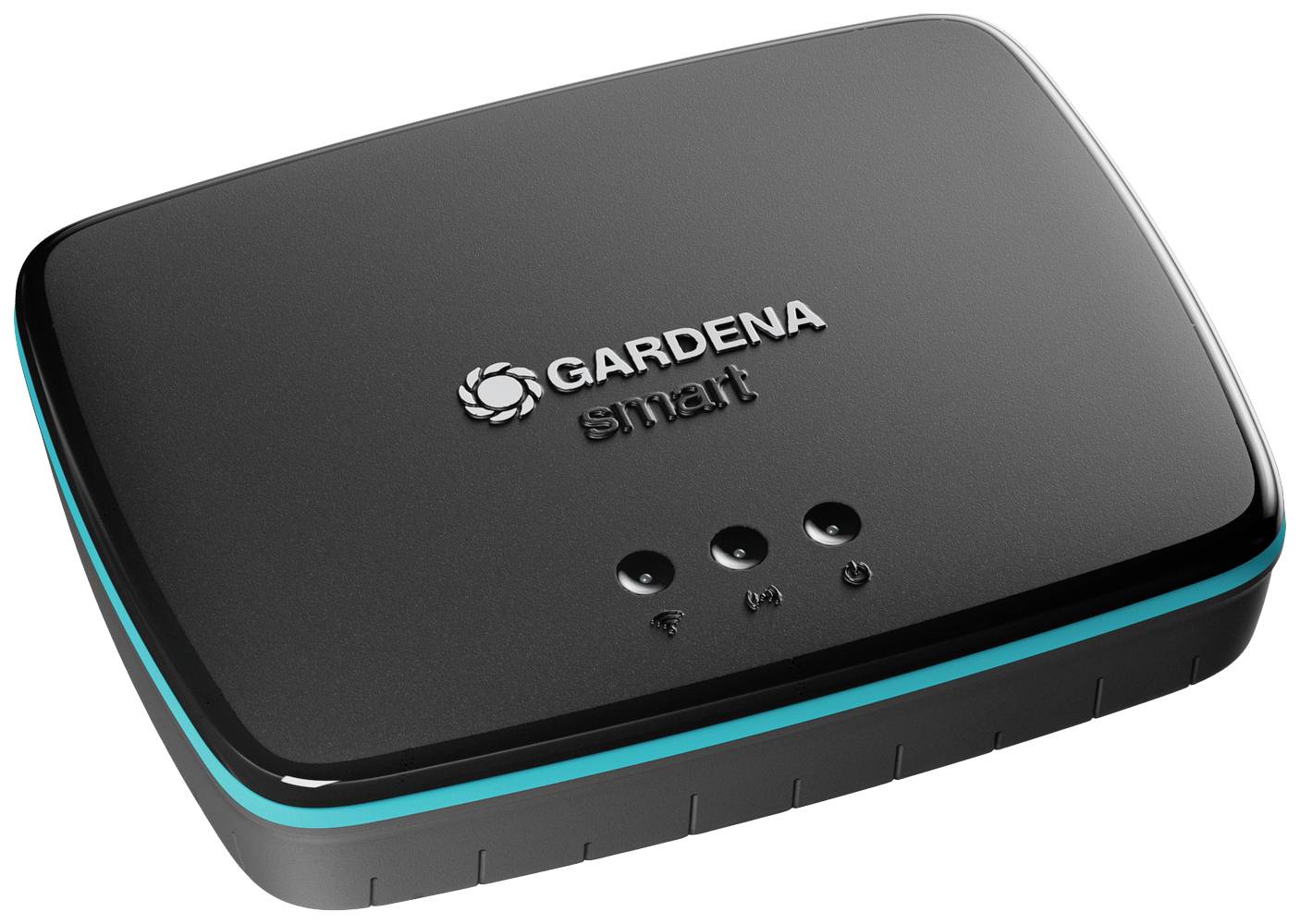 Črna, pravokotna naprava Gardena Smart s tremi gumbi in svetlobnim trakom. Namenjena je upravljanju pametnih vrtnih naprav.