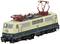 Lokomotiva DB-ja z bež-modro barvo in rdečimi tokovnimi odjemniki, številka modela 111 102-0, pogled s strani.