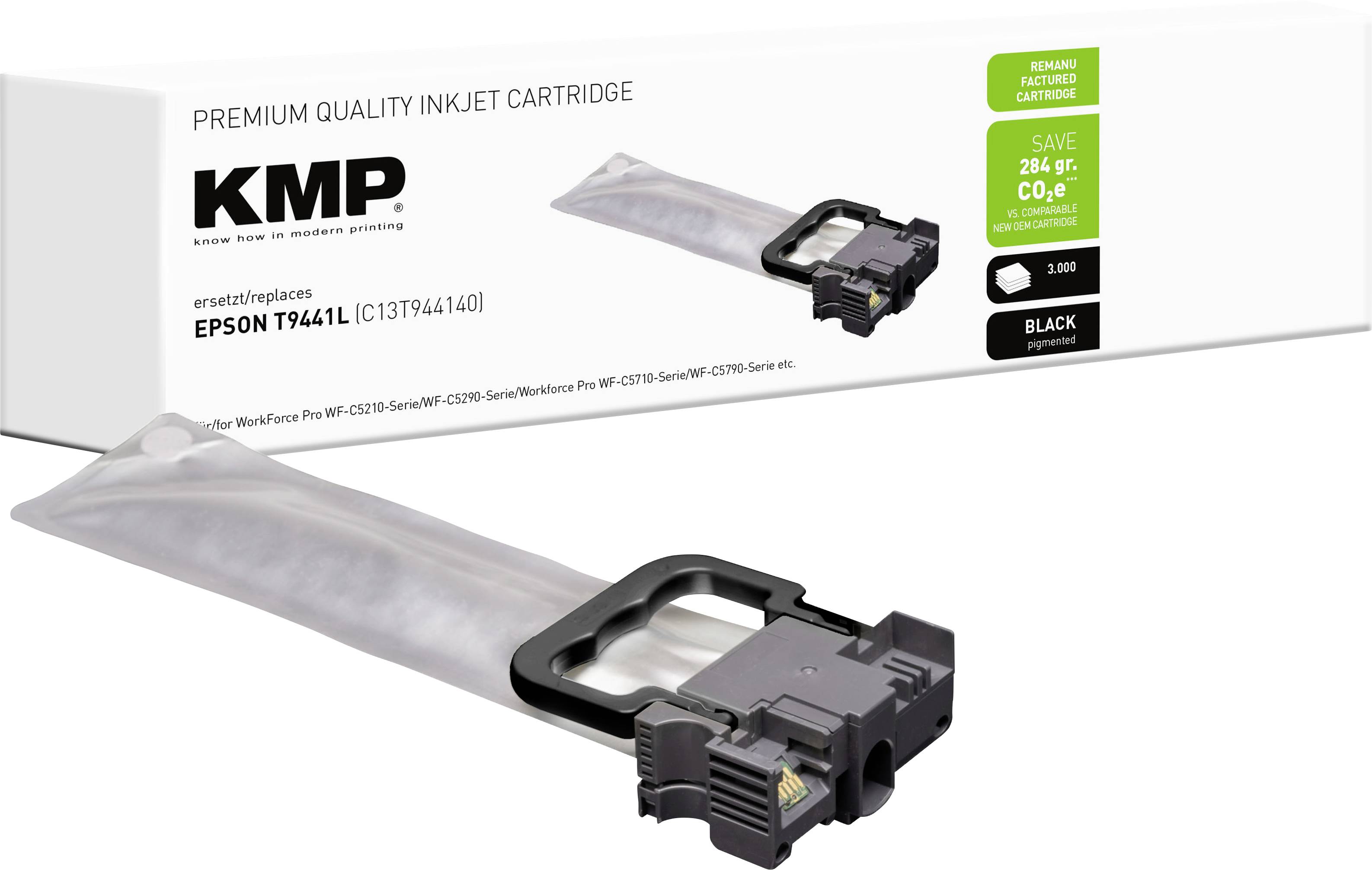 Kartuša KMP premium kakovosti inkjet za Epson T6641, črna barva, prikazana s primerom embalaže in kartušo.