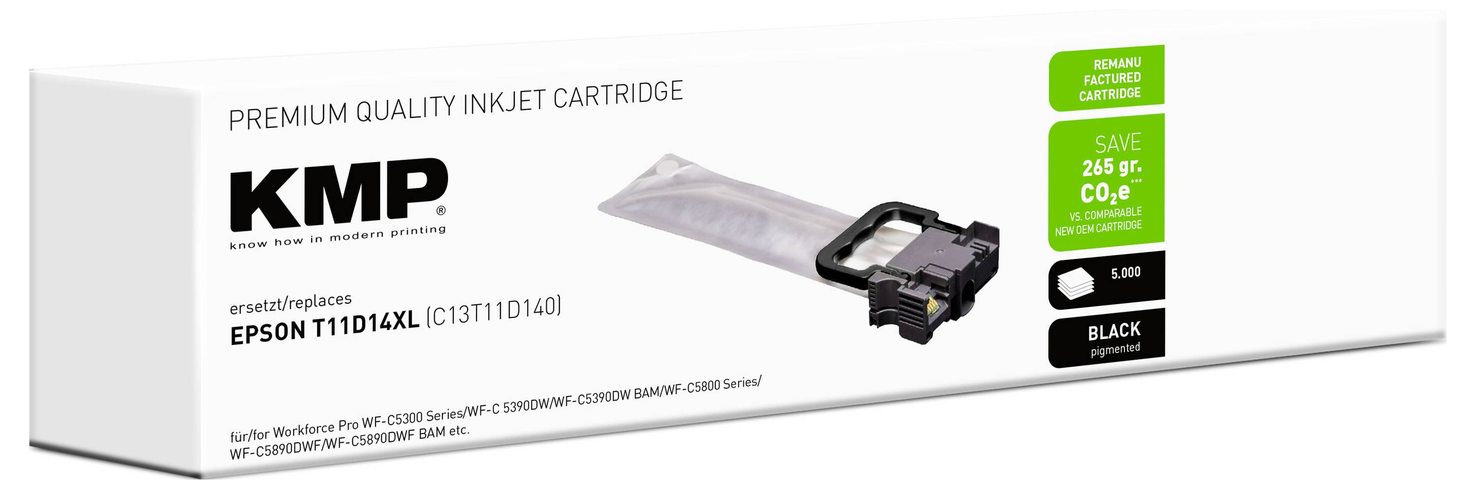 Škatla kakovostnega nadomestnega tinta za tiskalnike KMP za Epson T1141XL, prikazana s kartuško in zeleno nalepko prihrankov.