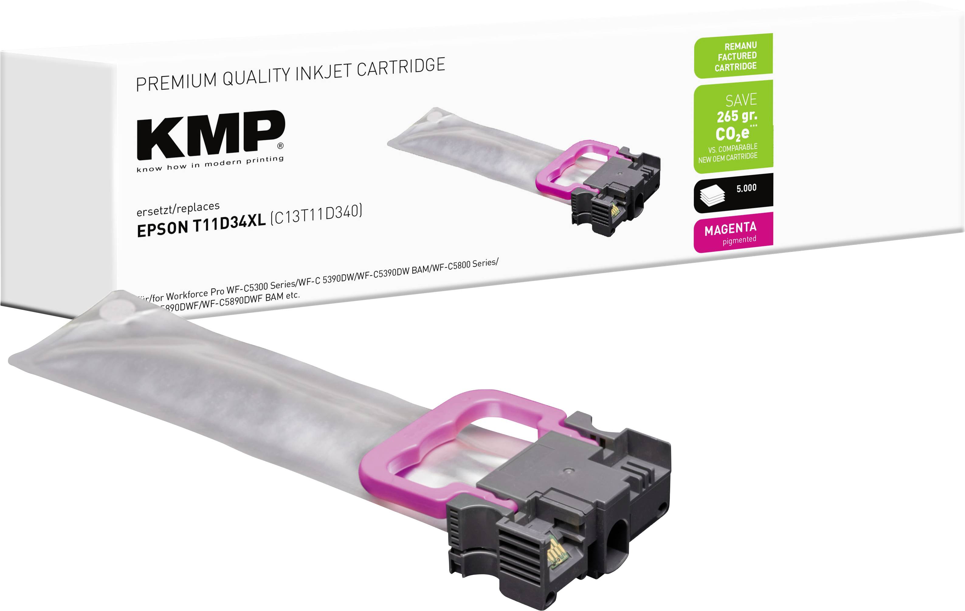 Škatla kakovostne tiskalnega črnila KMP in magenta kartuša za Epson T13D4XL, prikazana na beli podlagi.