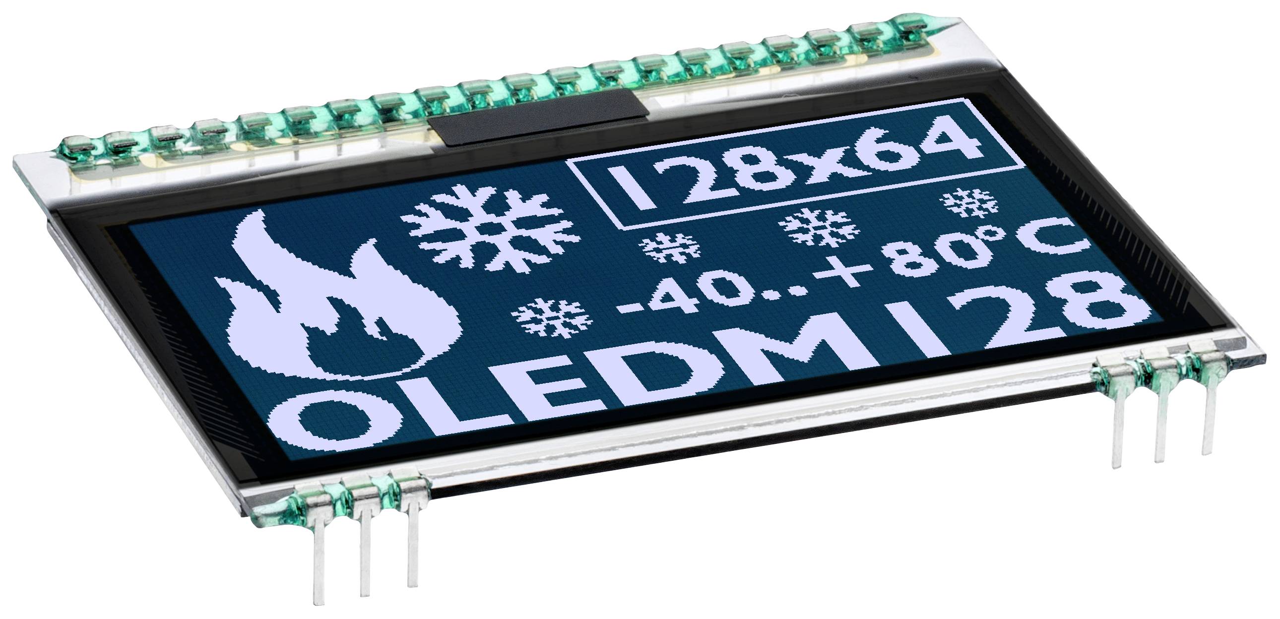 OLED-zaslon z napisi '128x64', 'OLED M128', '−40 do +80°C', grafičnimi simboli snežinke in plamena.