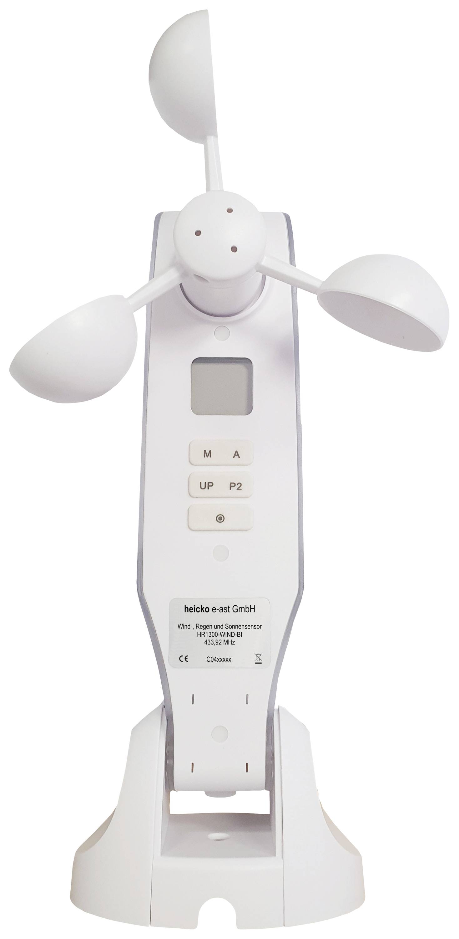 Anemometer na belem ozadju za merjenje hitrosti vetra. Vsebuje zaslon in gumbe za upravljanje.