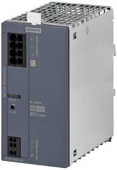 Industrijski napajalni vir znamke Siemens, SITOP PSU4200, prikazuje sprednjo stran z priključki in oznakami izdelka.