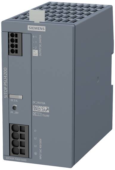 Na sliki je prikazan Siemens SITOP PSU4200 napajalnik v sivi barvi, namenjen industrijski uporabi, z več izhodi in tehničnimi oznakami.