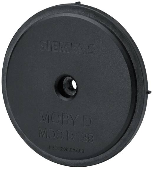 Okrogla, črna RFID oznaka z napisom 'SIEMENS MOBY D MDS D139'. Model za avtomatizirane identifikacijske sisteme.