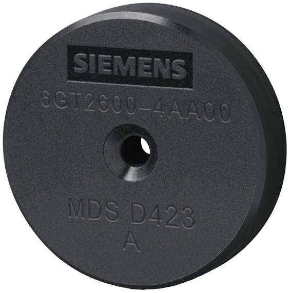 Okrogla, črna elektronska komponenta z napisom 'SIEMENS 6GT2600-4AA00 MDS D423 A', verjetno RFID značka ali transponder.