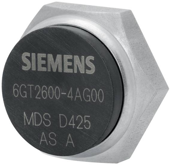 'Siemens transponder MDS D425, model 6GT2600-4AG00, z šestrobnim kovinskim ohišjem.'