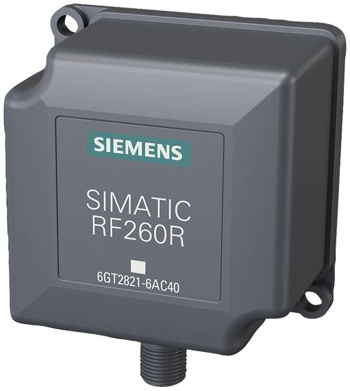 Siemens SIMATIC RF260R čitalnik na kvadratni sivi ohišju z pritrdilnimi luknjami v dveh vogalih in kabelskim priključkom spodaj.