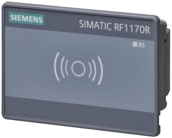 Siemens SIMATIC RF1170R čitalnik RFID, sivo ohišje z vidnim simbolom radijskih valov, primeren za industrijske aplikacije.