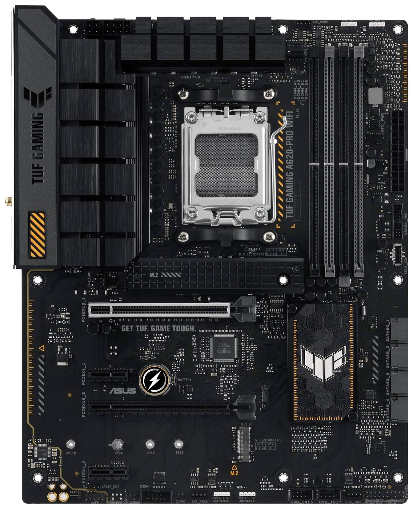 Matična plošča z logotipom ASUS, režami za RAM, vtičnico za procesor in razširitveni reži. Modelni elementi za gaming.