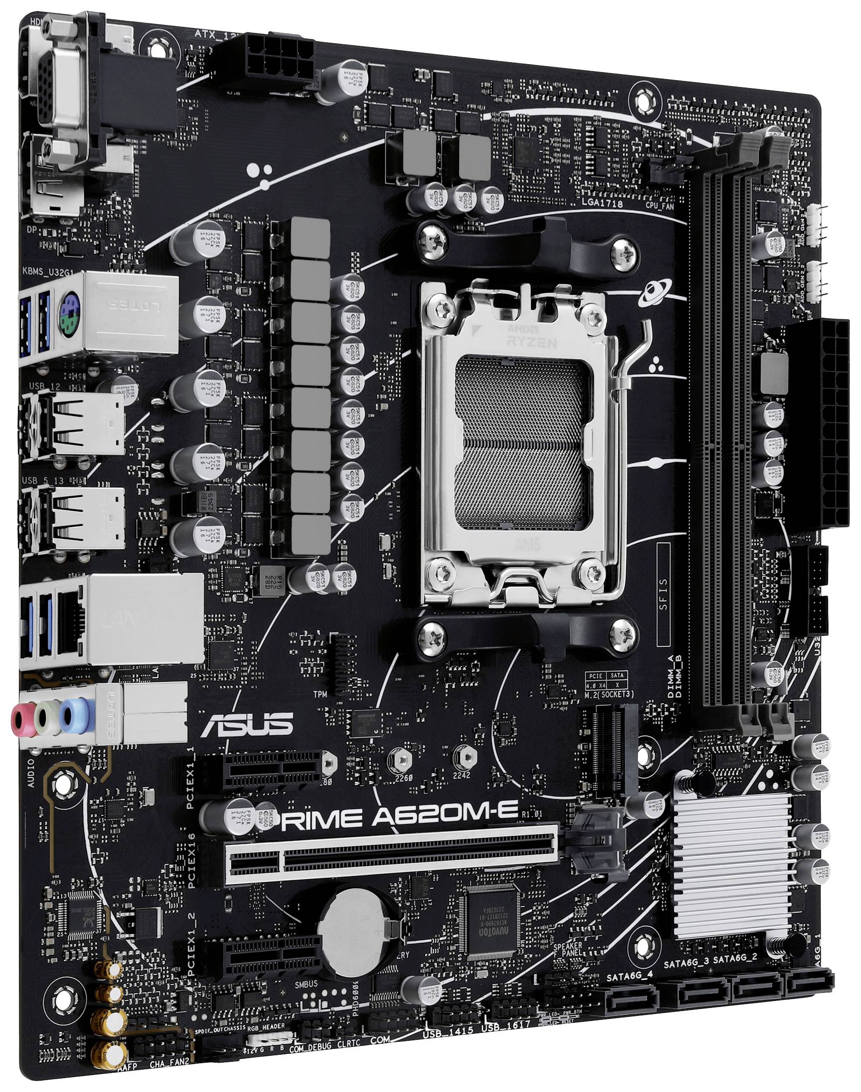 Črna računalniška matična plošča z različnimi priključki, reže in napisom 'ASUS PRIME A520M-E'.