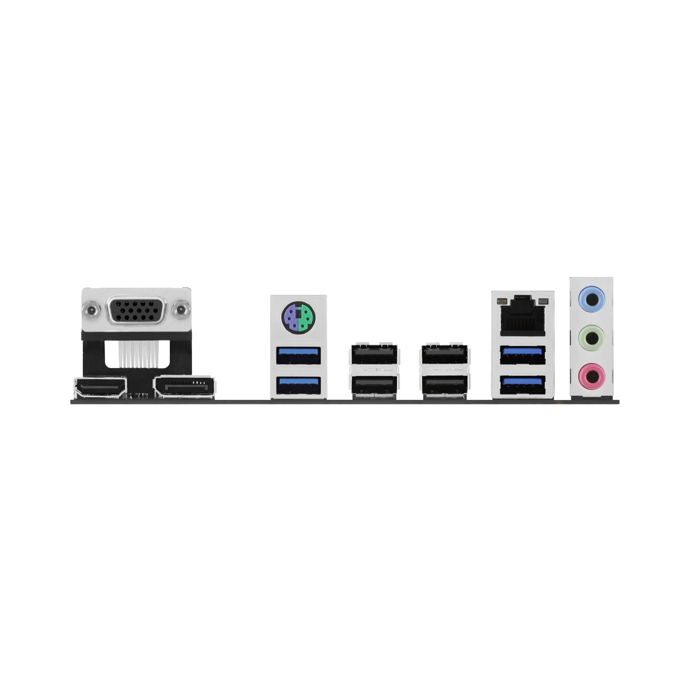 Priključki na zadnji strani matične plošče: VGA, HDMI, USB-priključki, LAN-vrata, PS/2-priključek in avdio vtičnice.