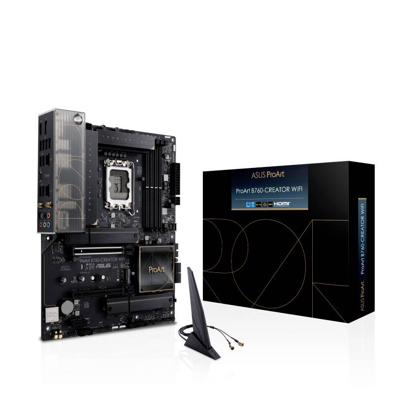 ASUS ProArt B760-Creator WiFi matična plošča z embalažo in anteno. Podpira Intel procesorje, DisplayPort in HDMI.